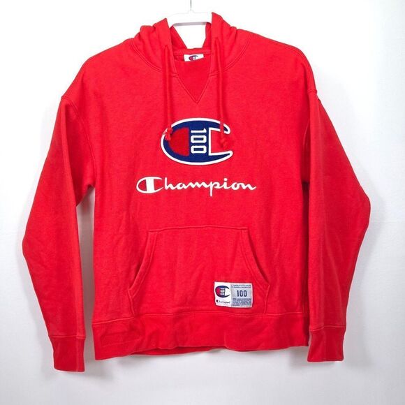 Champion Hoodie Men's Medium Bright Red‎ Big Logo Century Collection Sweatshirt - Picture 1 of 16